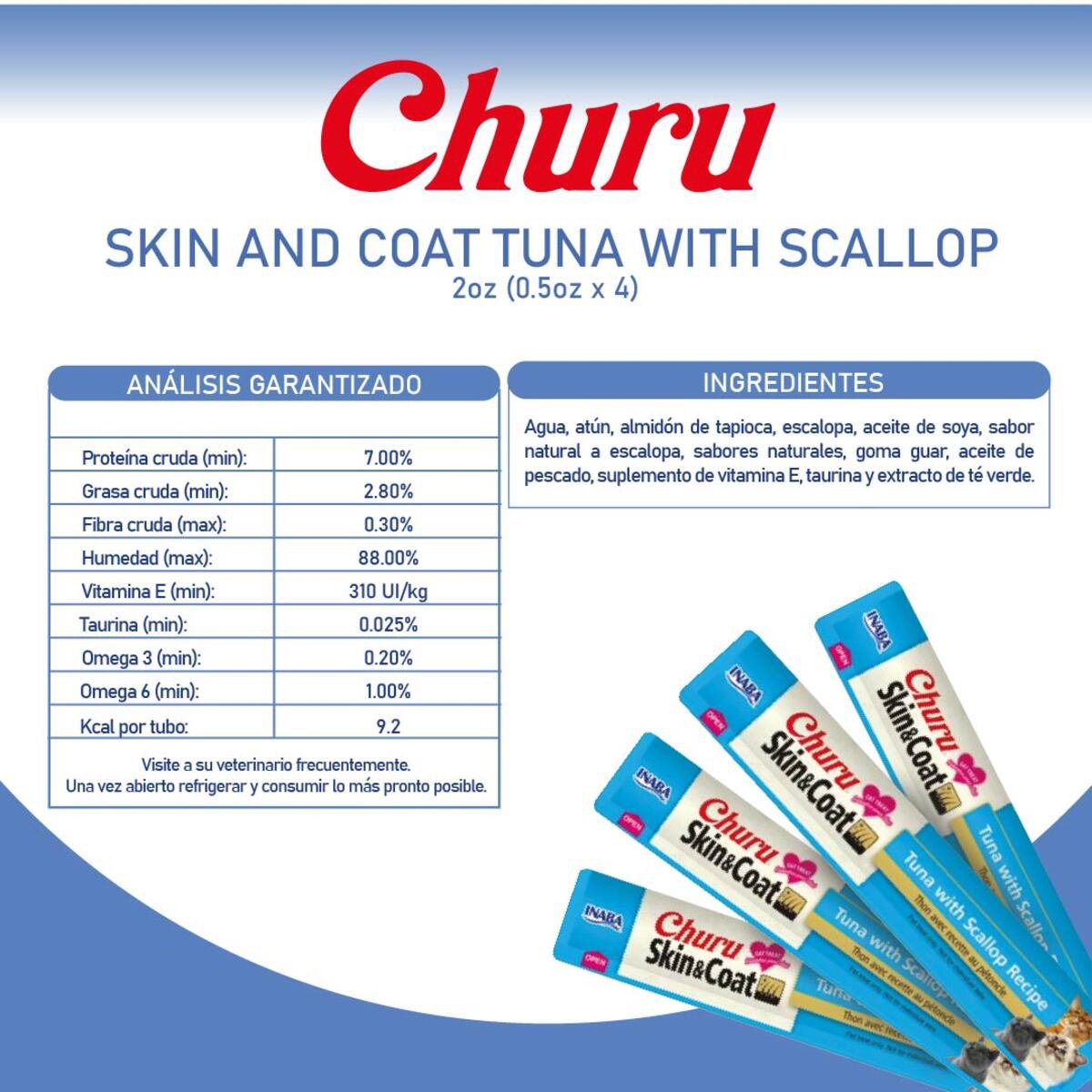 Churu Premio Cremoso Cuidado Piel y Pelo para Gato Todas las Edades Receta Atún con Escalopa 4 pzs
